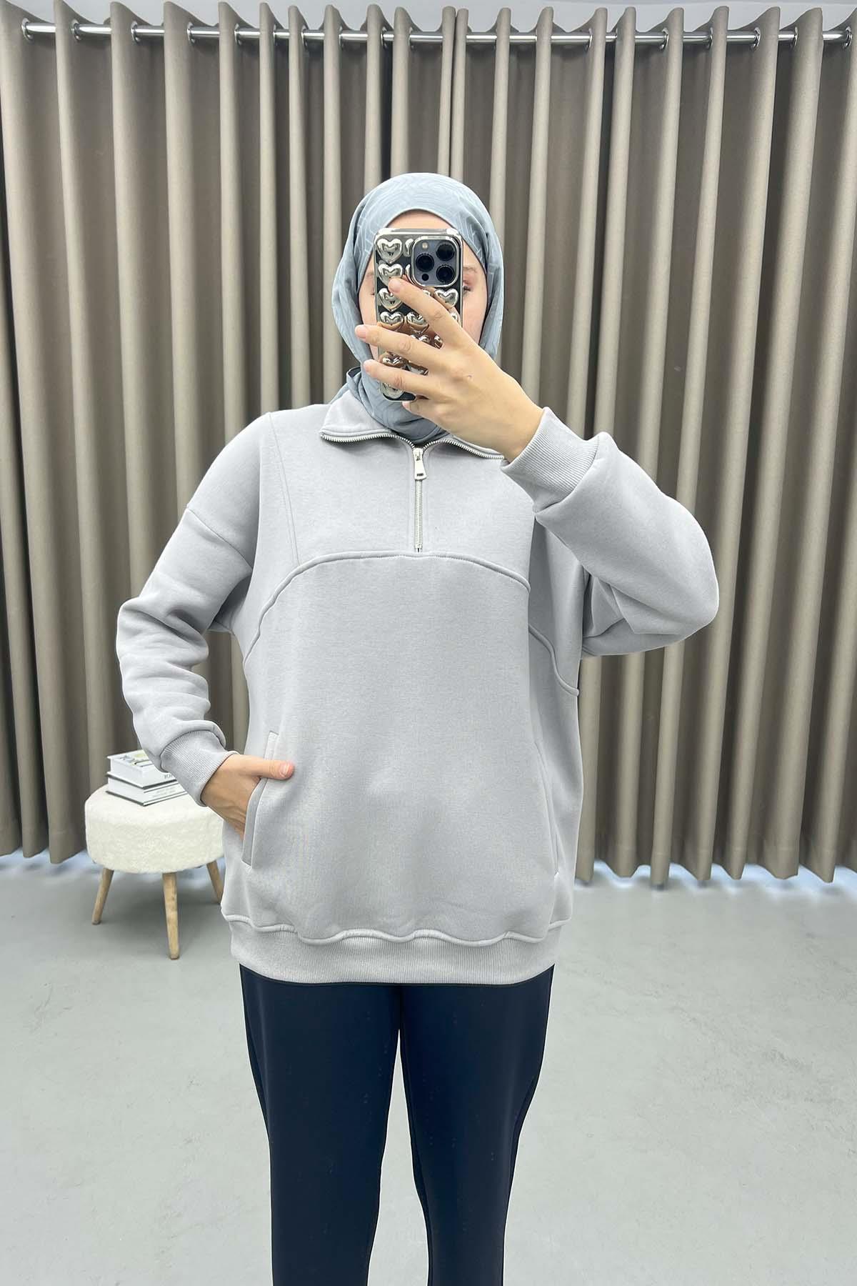 Zippered Three Thread Sweatshirt Gray