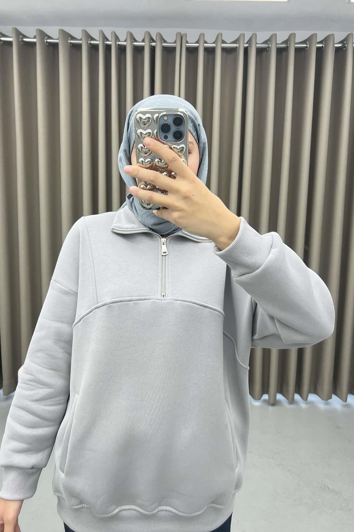 Zippered Three Thread Sweatshirt Gray