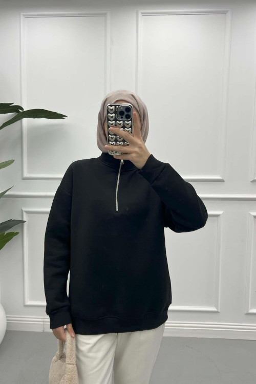 Zippered Three Thread Sweatshirt Black