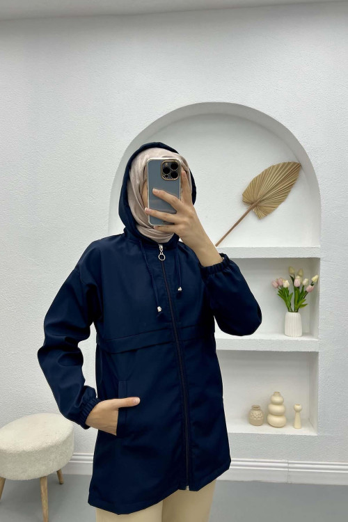 Zippered Raincoat Navy Blue