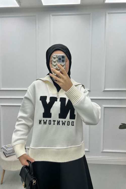 Zippered Written Sweatshirt White