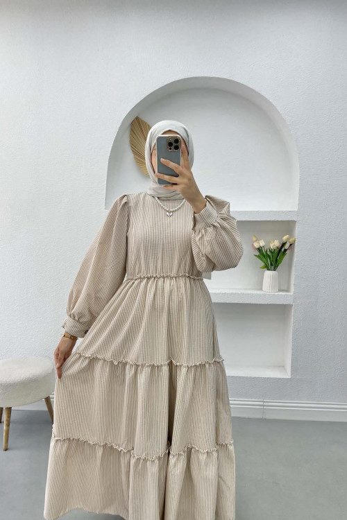 Ruffle Striped Dress Beige