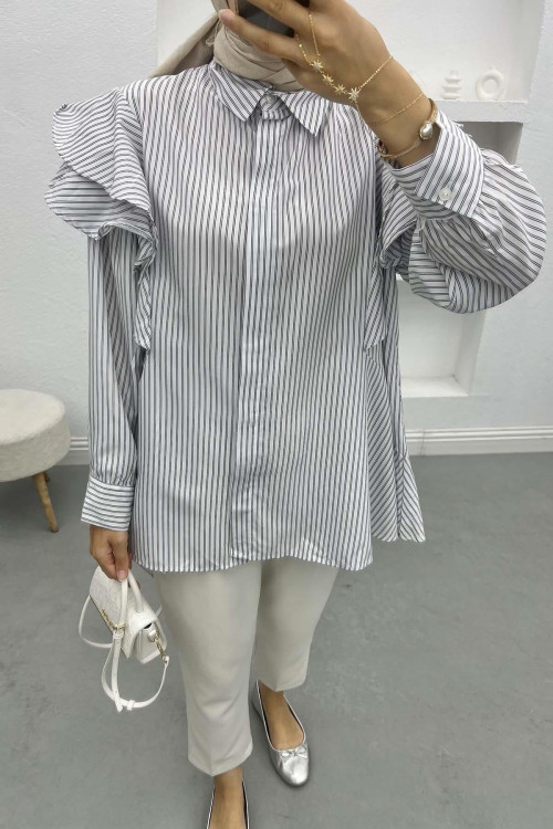 Ruffle Striped Shirt White