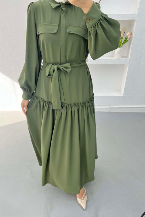 Ruffle Stoned Dress Khaki