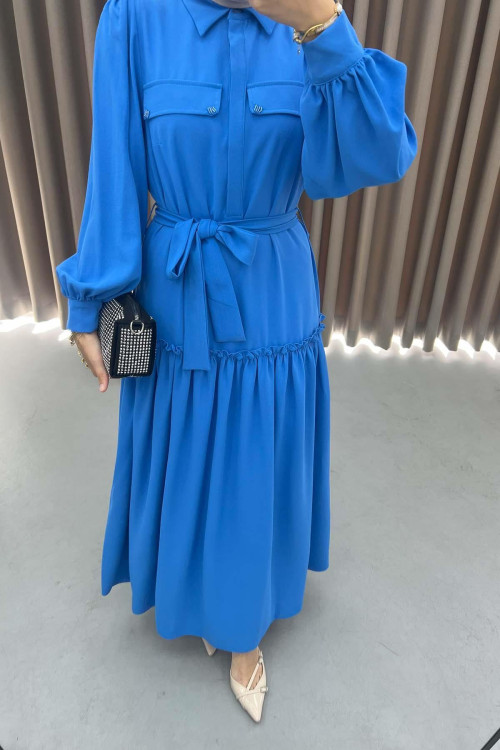 Ruffle Stoned Dress Blue