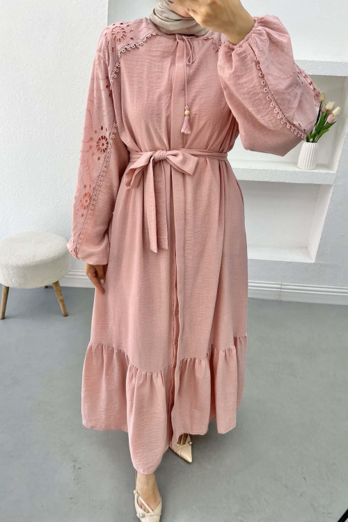 Scallop Detailed Belted Dress Pink