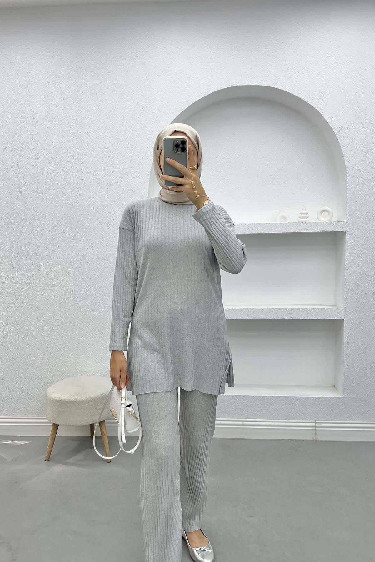 Ribbed Thin Knitwear Suit Light Gray