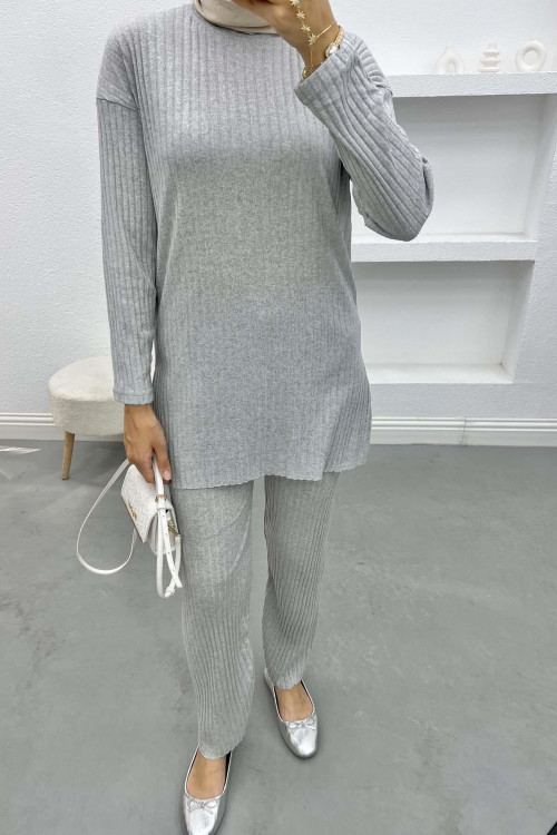 Ribbed Thin Knitwear Suit Light Gray