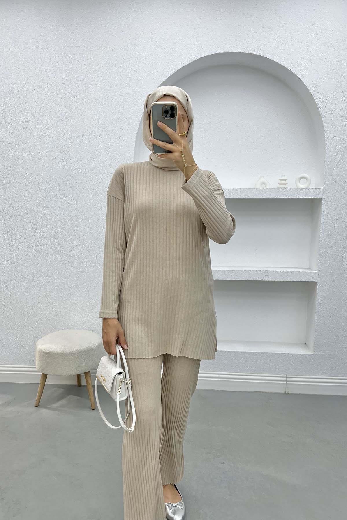 Ribbed Thin Knitwear Suit Beige