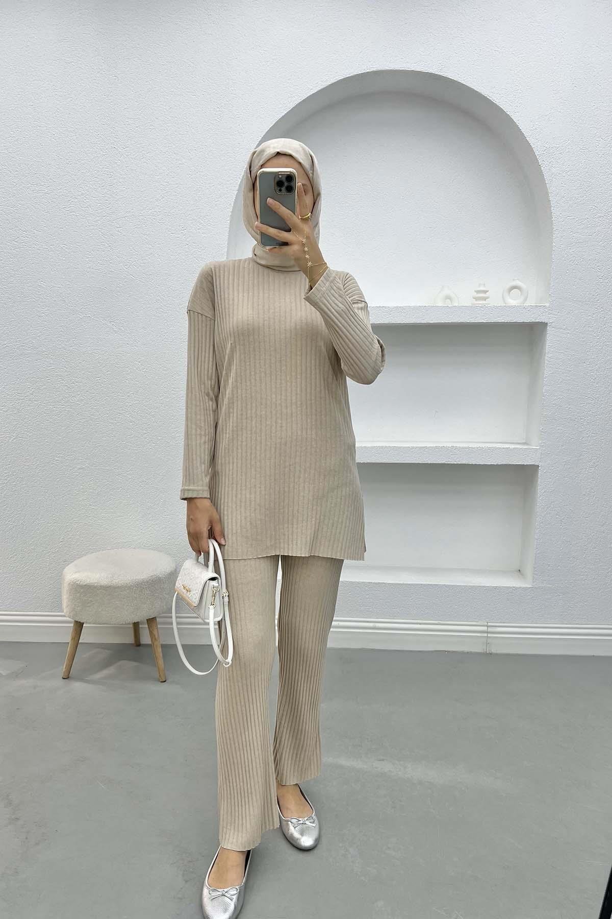 Ribbed Thin Knitwear Suit Beige