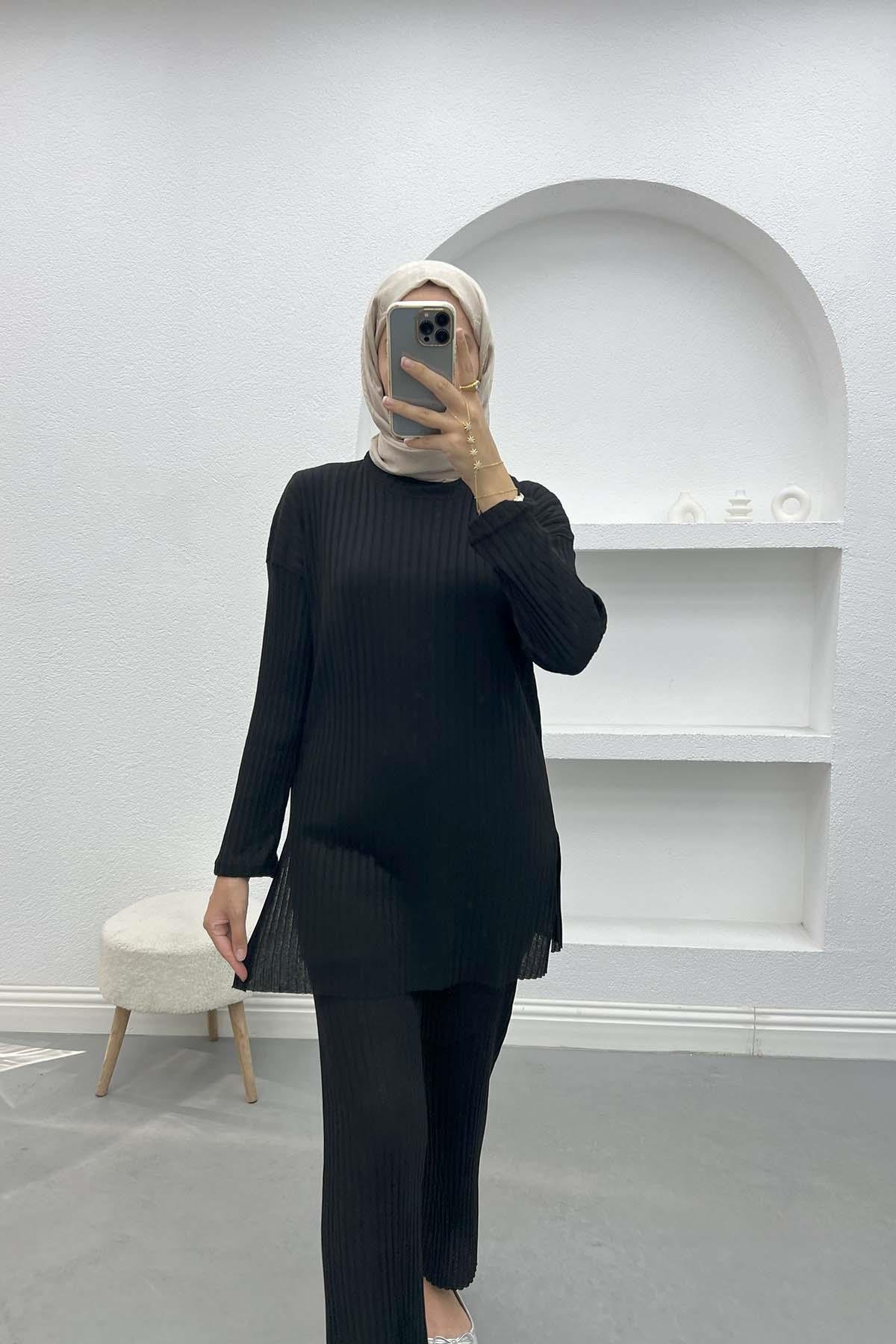 Ribbed Thin Knitwear Suit Black