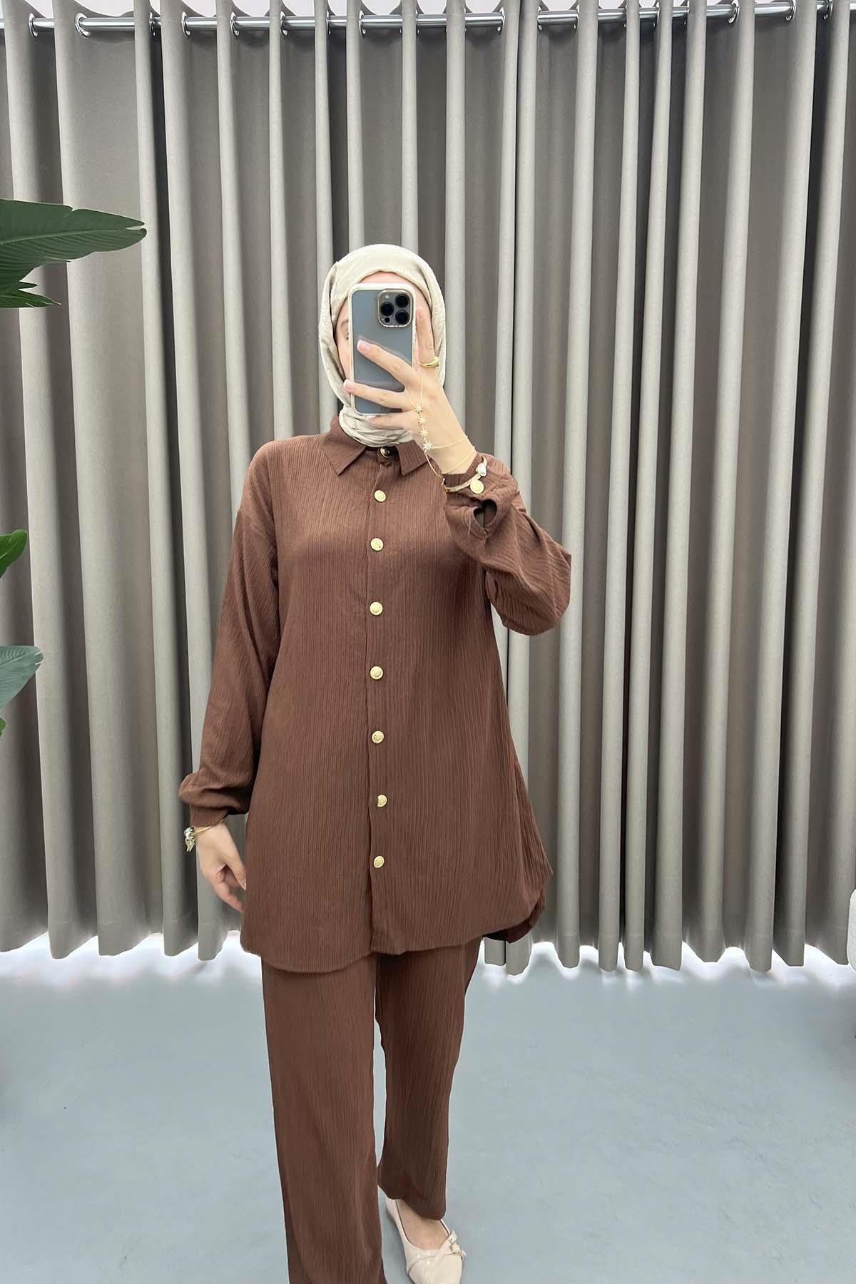 Gold Buttoned Burgu Suit Brown