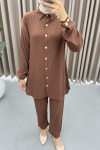 Gold Buttoned Burgu Suit Brown