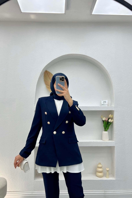 Gold Buttoned Jacket Set Navy Blue