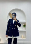 Gold Buttoned Jacket Set Navy Blue