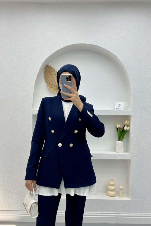 Gold Buttoned Jacket Set Navy Blue