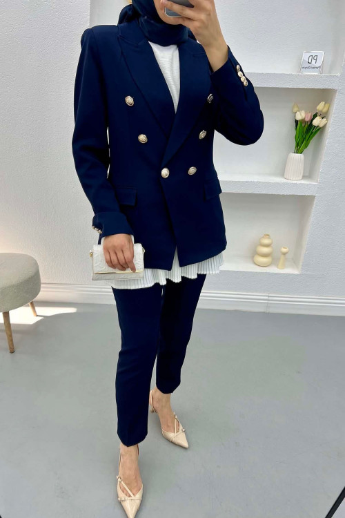 Gold Buttoned Jacket Set Navy Blue