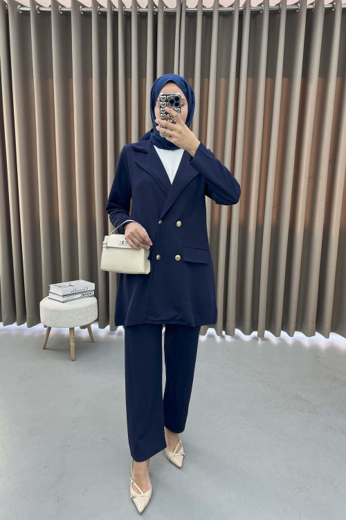 Gold Buttoned Jacket Set Navy Blue