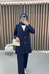 Gold Buttoned Jacket Set Navy Blue