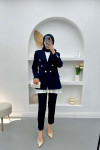 Gold Buttoned Jacket Set Navy Blue