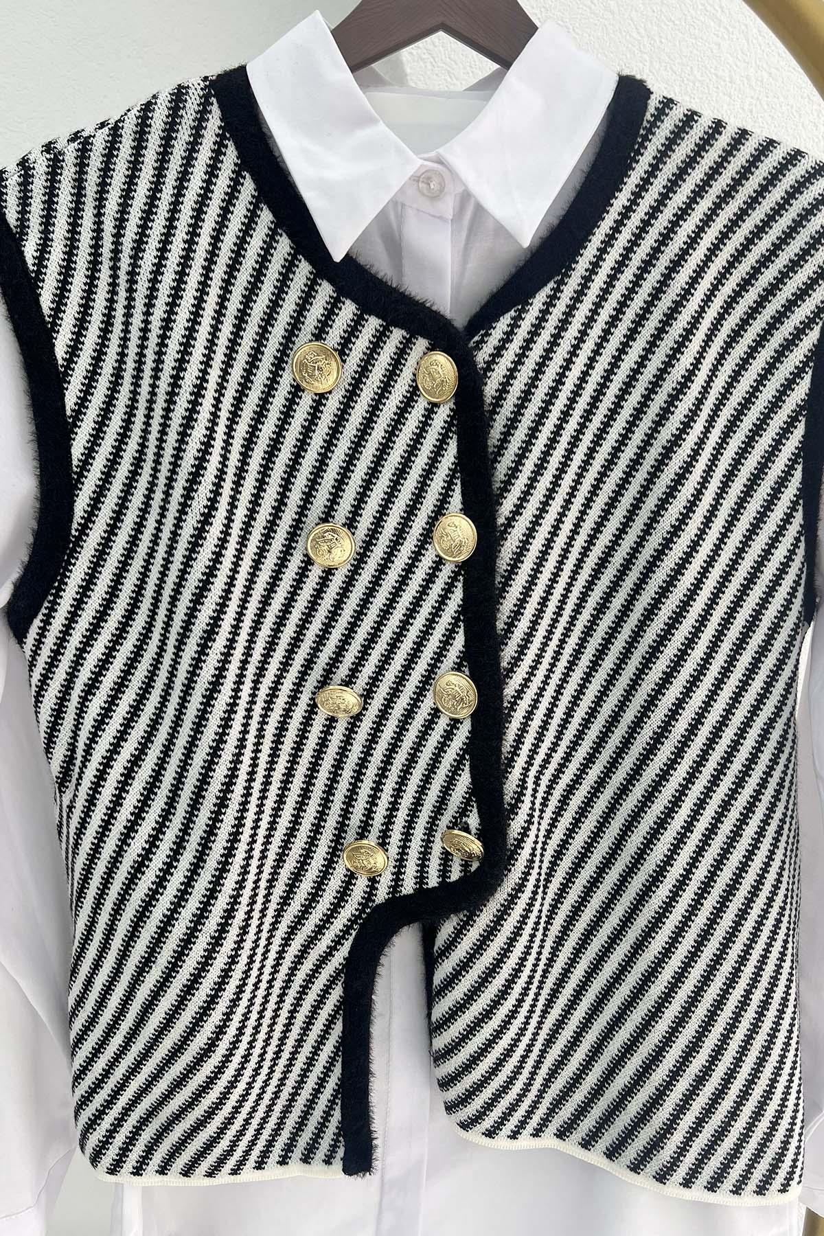 Gold Buttoned Striped Vest Black