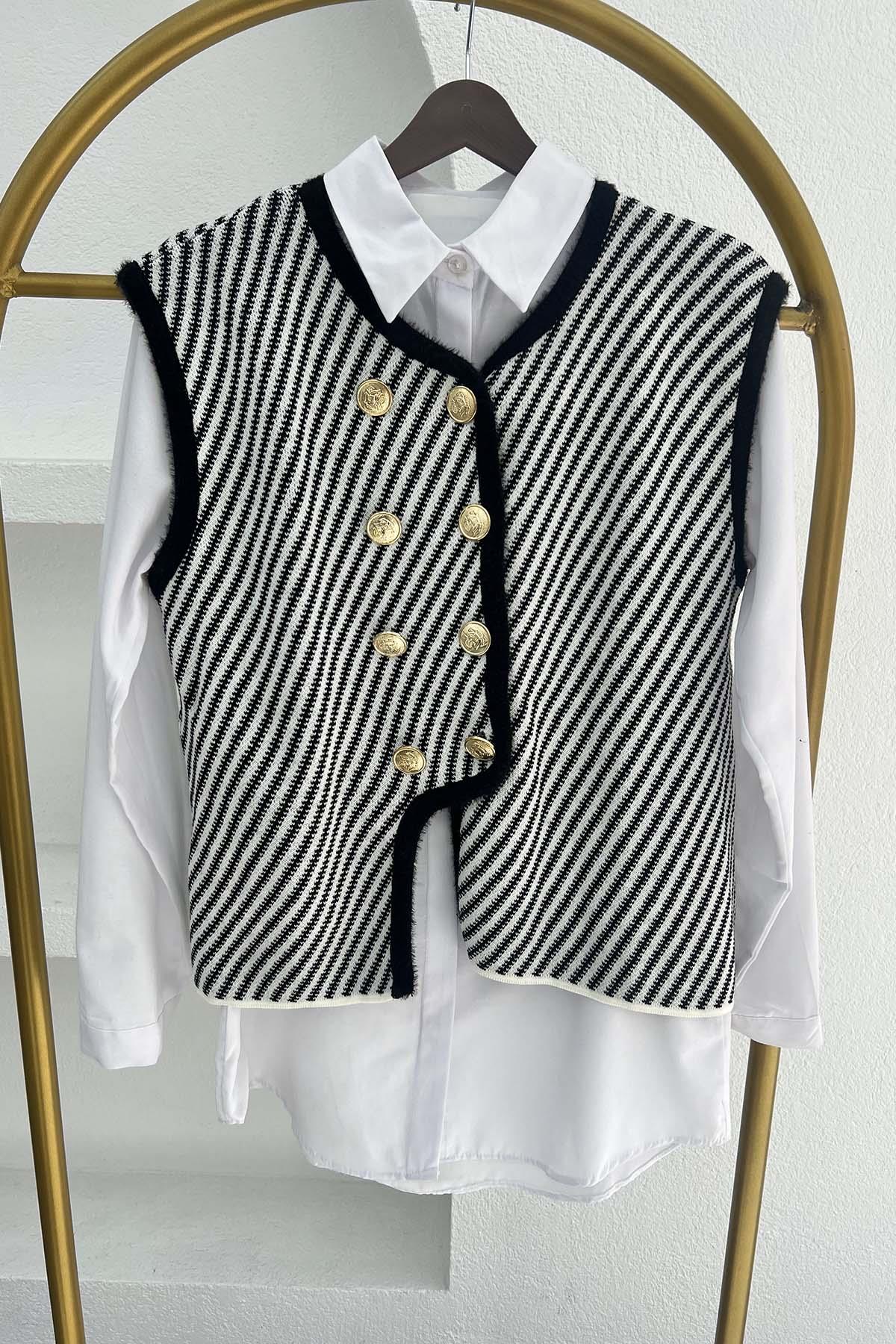 Gold Buttoned Striped Vest Black