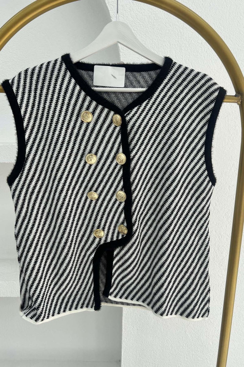 Gold Buttoned Striped Vest Black