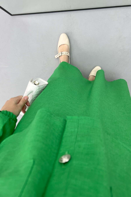 Gold Buttoned Skirt Set Green