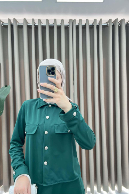 Gold Buttoned Skirt Suit Emerald Green