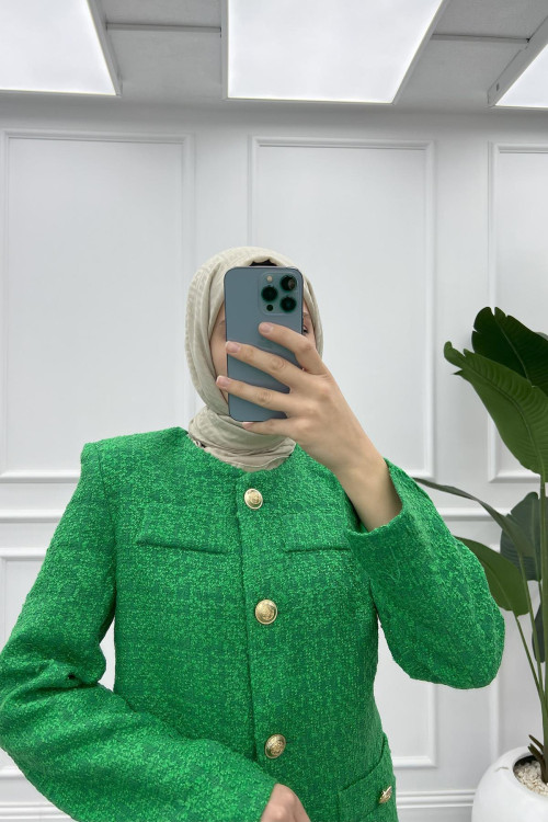 Gold Buttoned Tweed Jacket Green