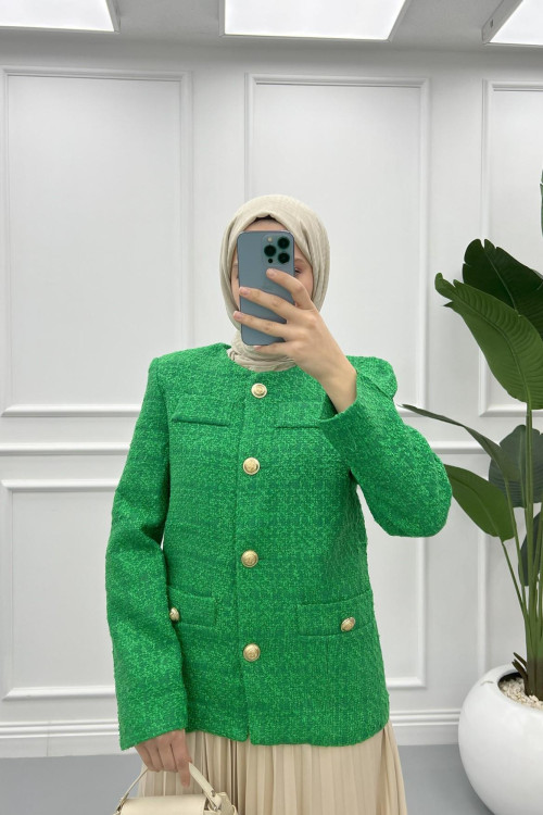 Gold Buttoned Tweed Jacket Green