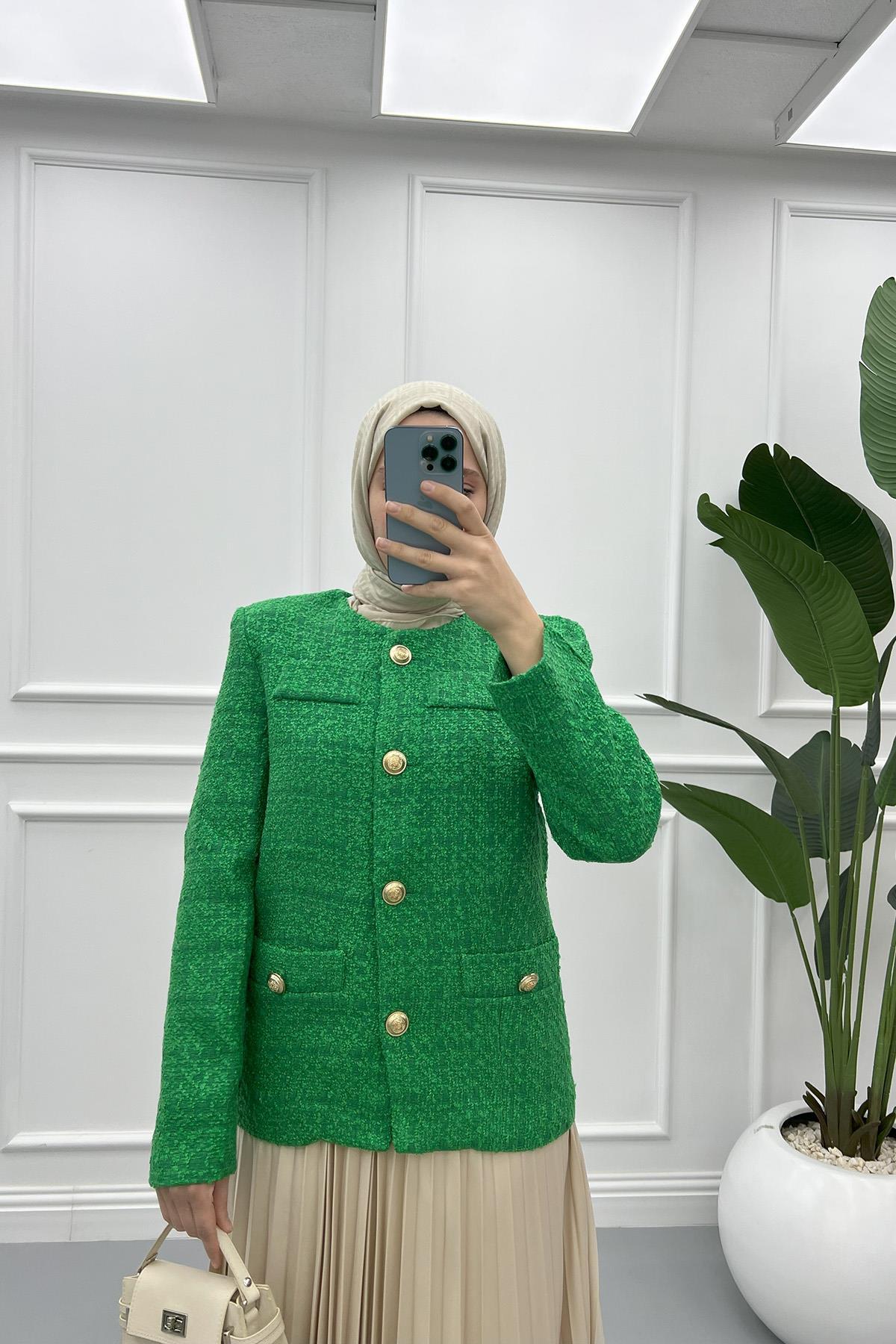 Gold Buttoned Tweed Jacket Green