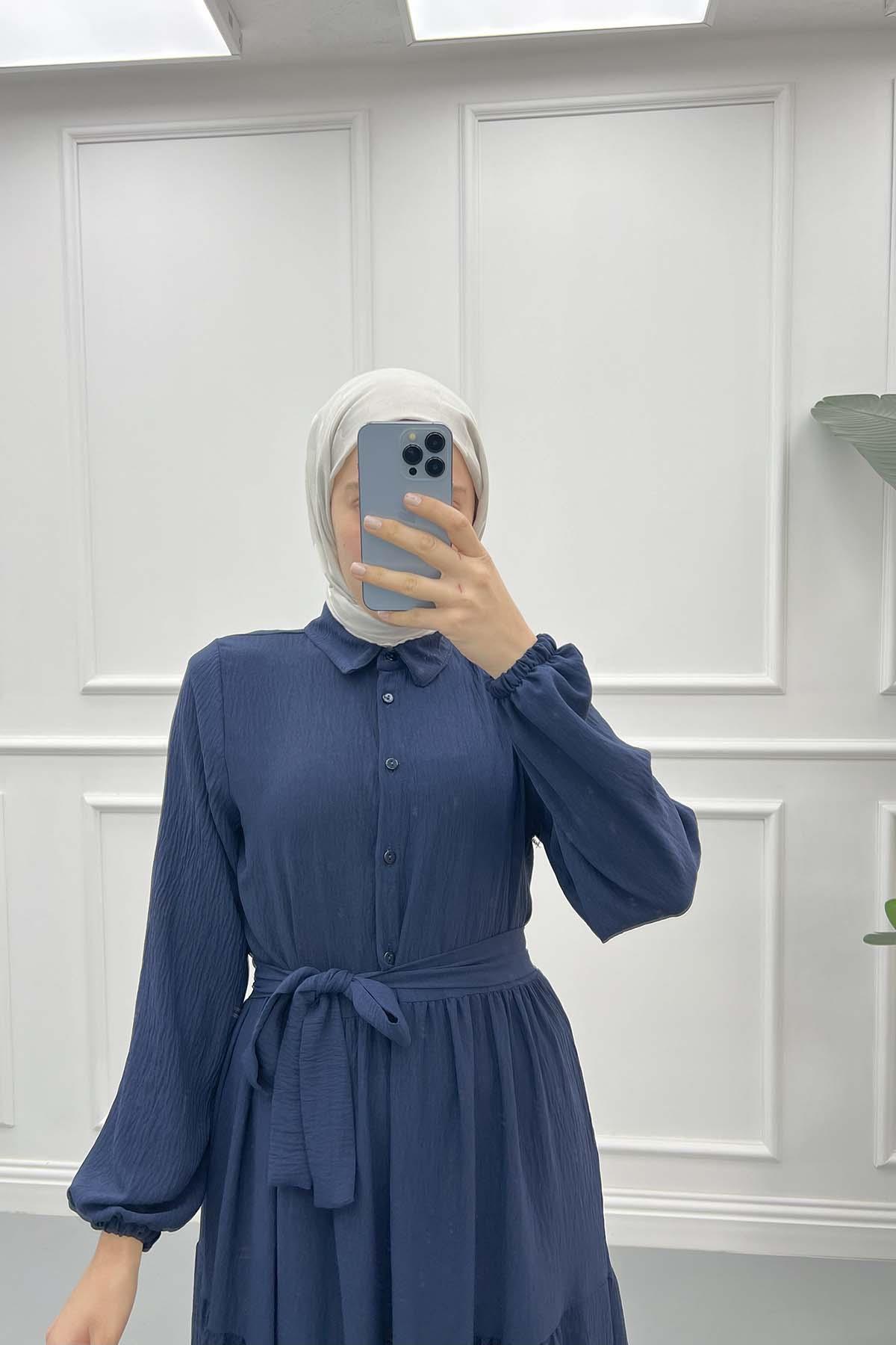 Shirt Collar Dress Navy Blue