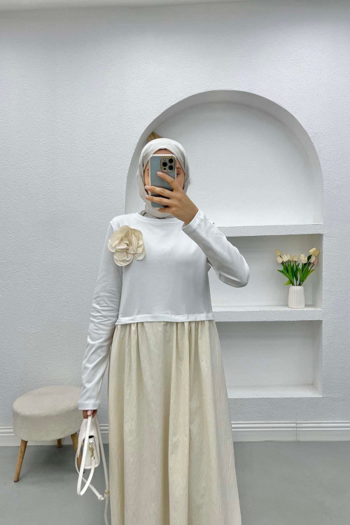 Rose Brooch Dress Cream