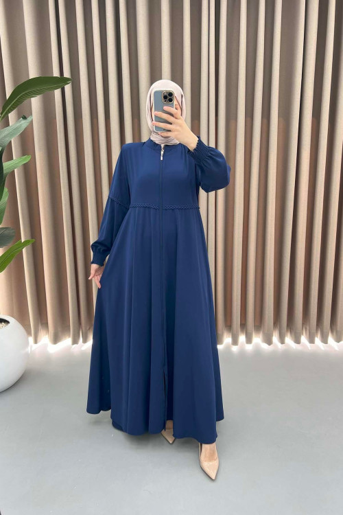 Guipure Embroidered Abaya Navy Blue