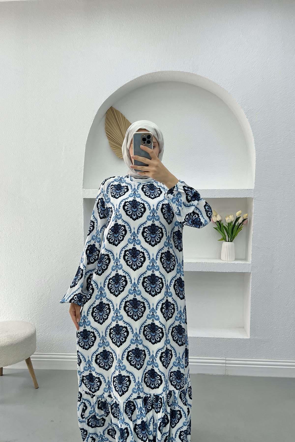 Navy Collar Patterned Dress Blue