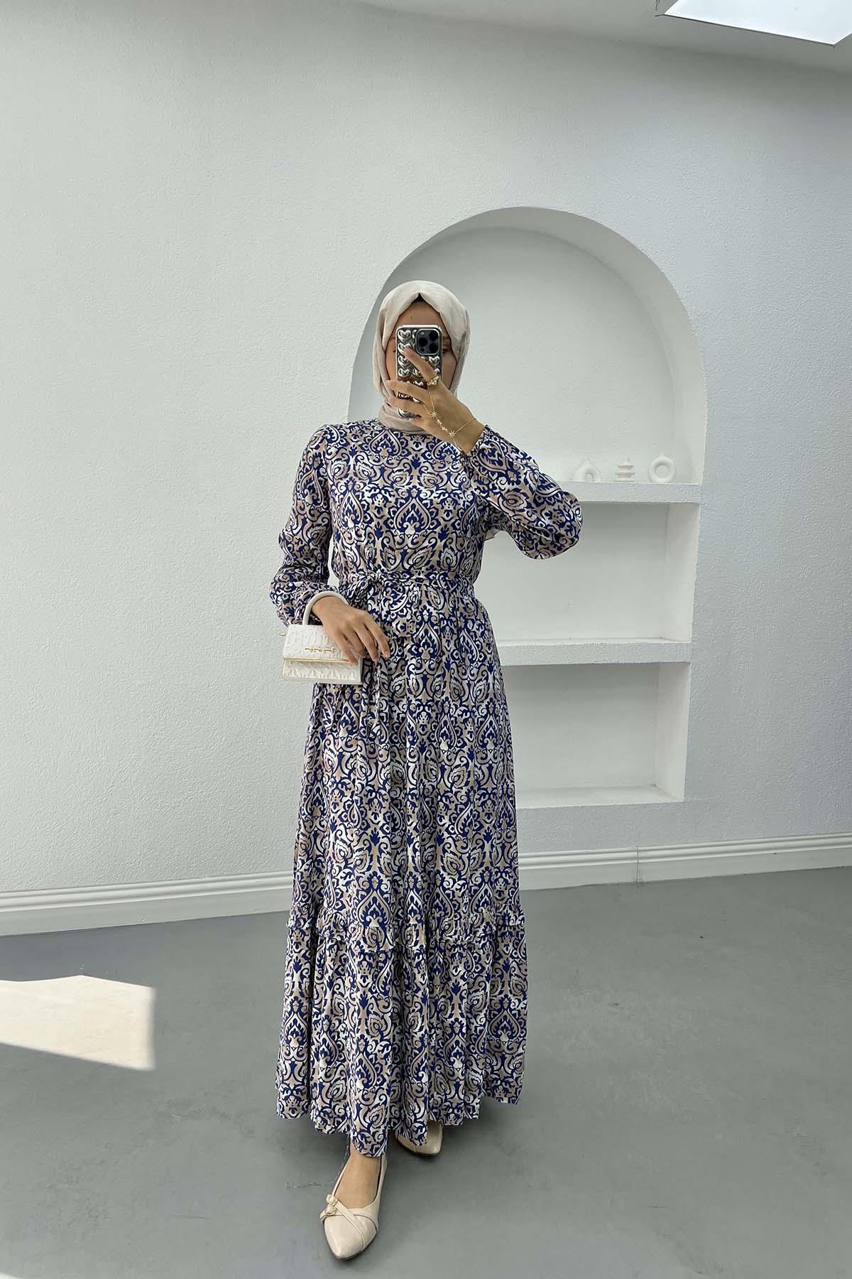 Judge Collar Patterned Dress Navy Blue