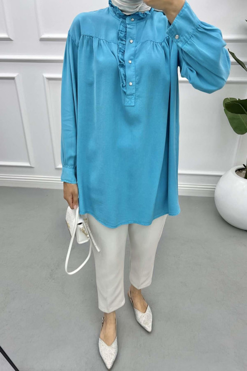 Mandarin Collar Ruffle Shirt Turquoise