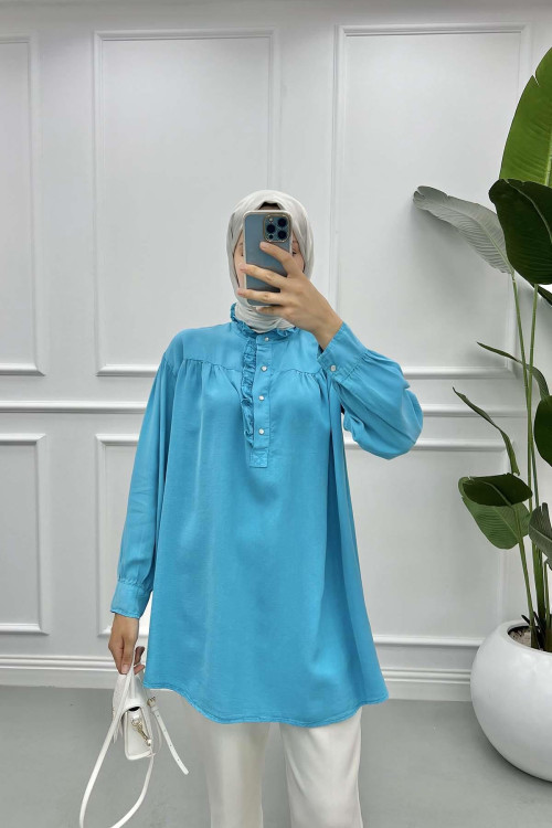 Mandarin Collar Ruffle Shirt Turquoise