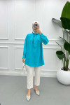 Mandarin Collar Ruffle Shirt Turquoise