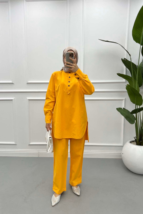 Mandarin Collar Linen Suit Dark Yellow