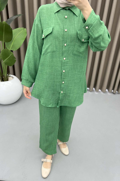 Pearl Button Pocket Suit Green