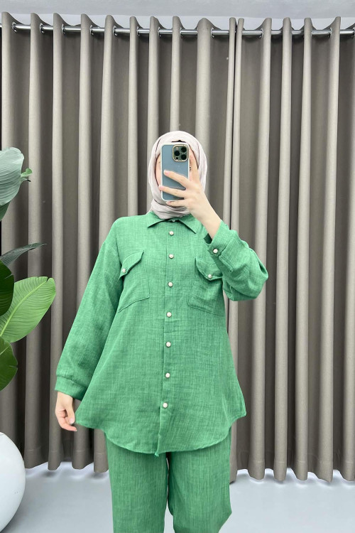 Pearl Button Pocket Suit Green