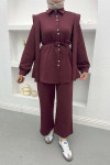 Pearl Buttoned Scuba Suit Claret Red