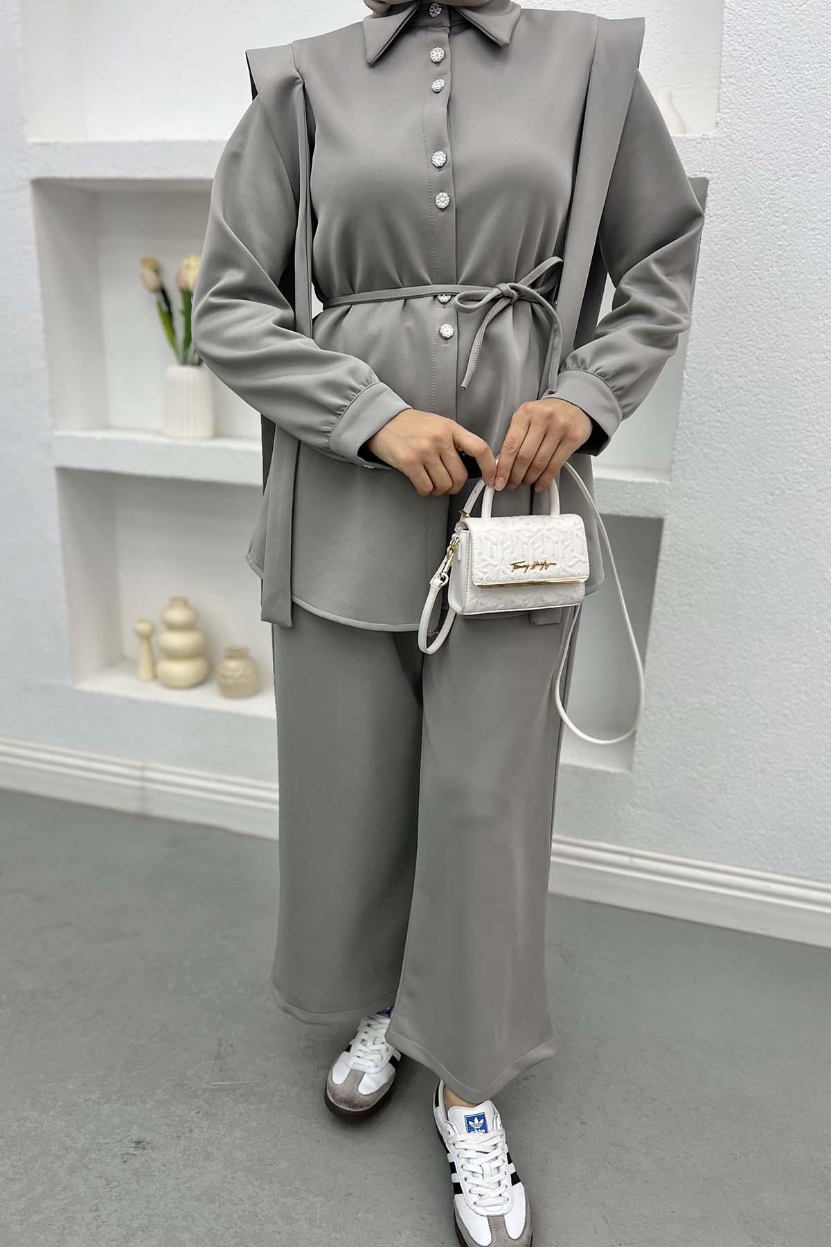 Pearl Buttoned Scuba Suit Gray