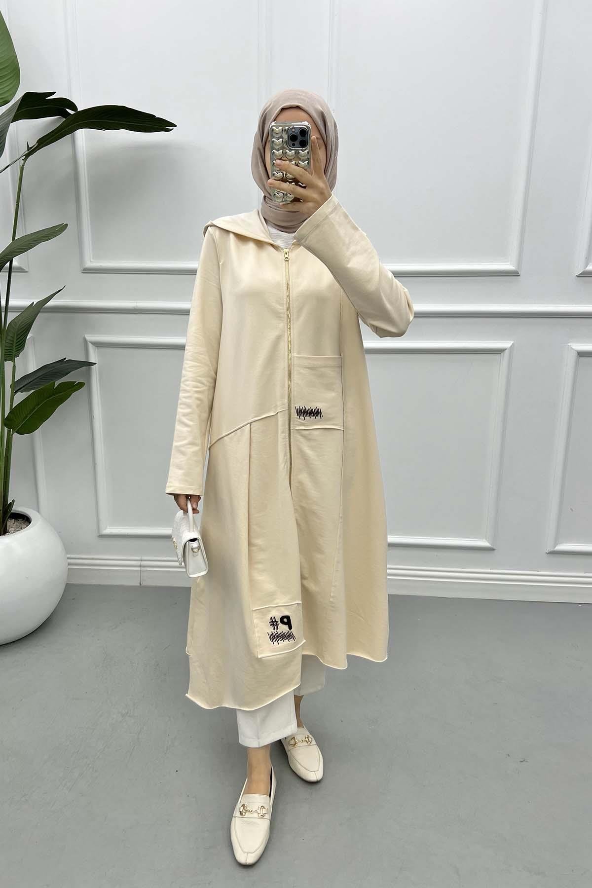 Embroidered Hooded Cape Beige