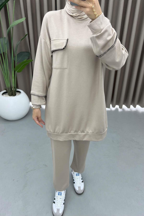 Embroidered Sweat Suit Beige