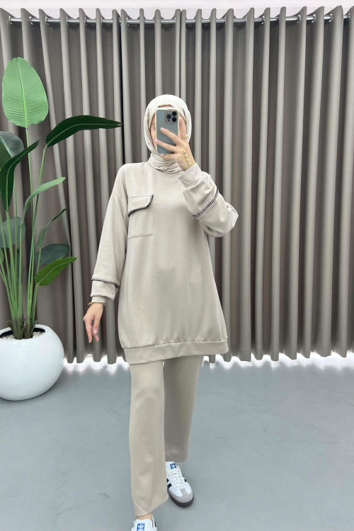 Embroidered Sweat Suit Beige