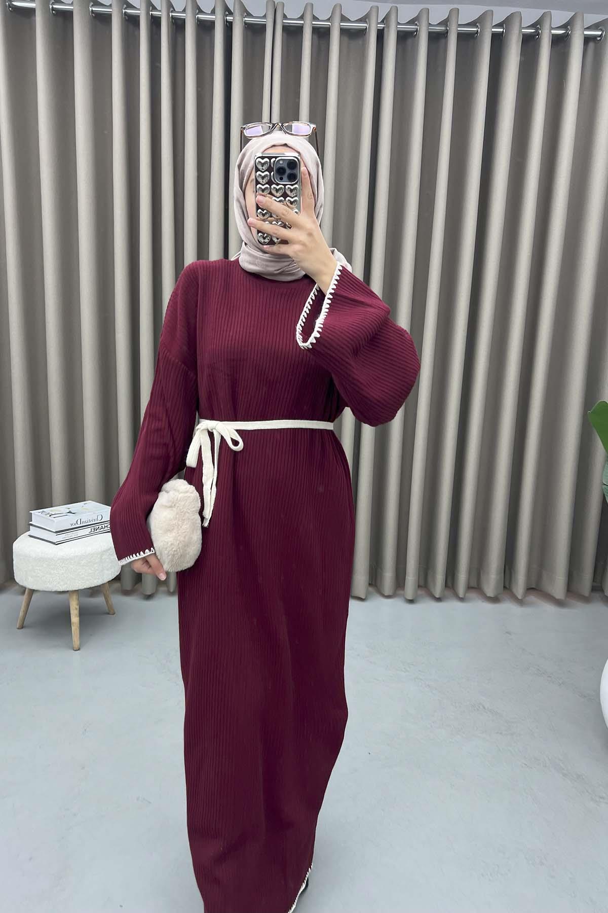 Embroidered Knit Dress Claret Red