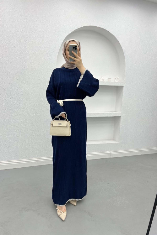 Embroidered Knit Dress Navy Blue